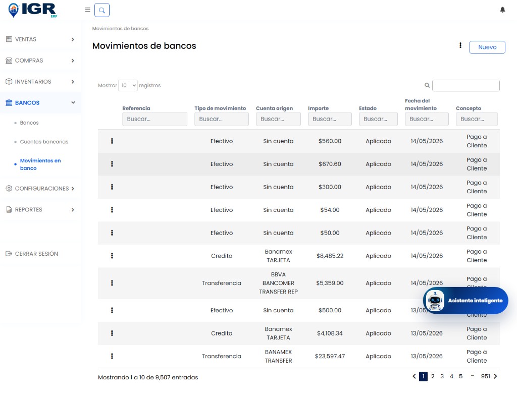 IGR ERP — Movimientos bancarios