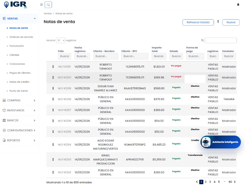 IGR ERP — Notas de venta
